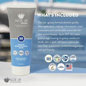 Reef-friendly Aloe Up sunscreen supports eco-conscious outdoor sessions.