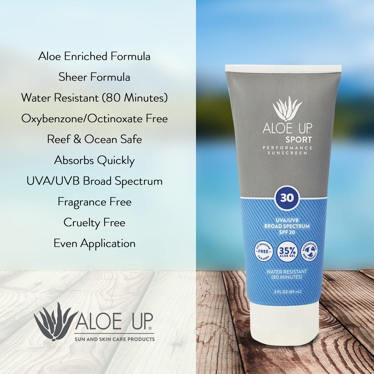 Close-up of SPF 30 on Aloe Up bottle emphasizes broad spectrum coverage.