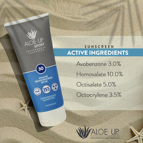 Water splash beside Aloe Up sunscreen illustrates up to 80 minutes of water resistance.
