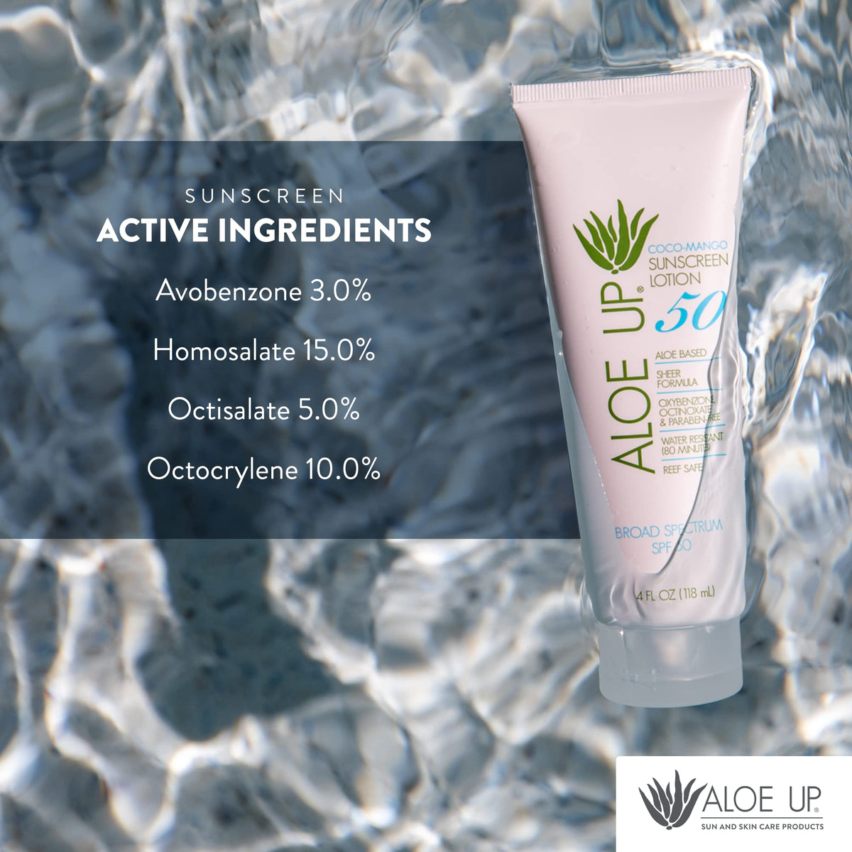 Reef-friendly SPF 50 symbol displayed on packaging.