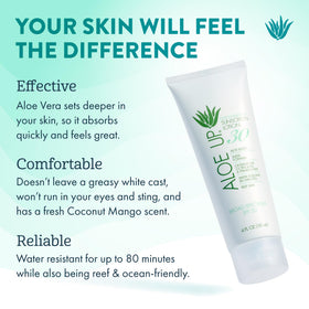 Aloe Up White Collection sunscreen spray packaging shown for portable sun protection