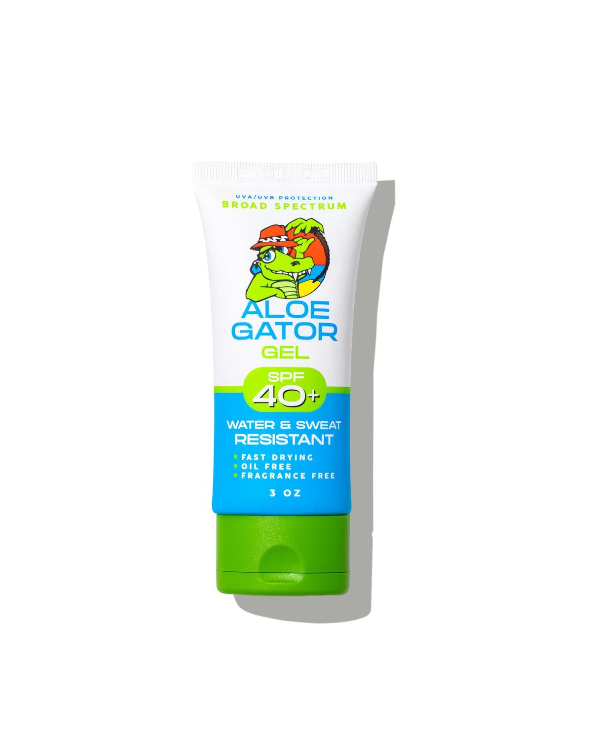 Aloe Gator Gel Sunscreen SPF 40+ bottle in use with fast-drying protection.