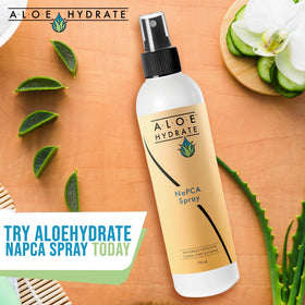AloeHydrate NaPCA Mist bathroom scene showcasing bedside routine.