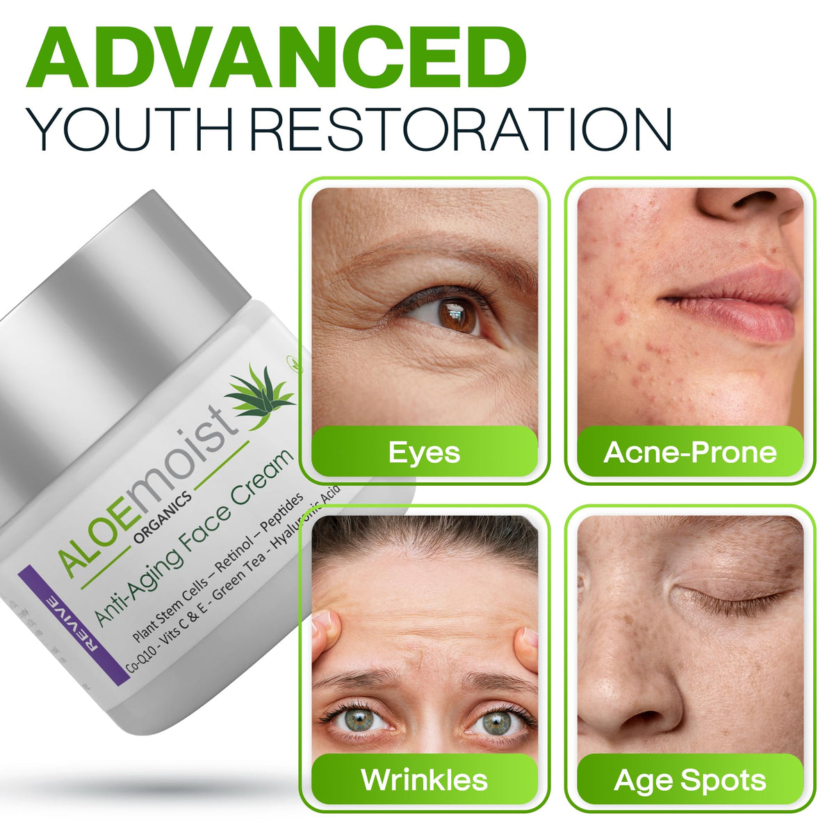 AloeMoist Revive organic ingredients with aloe and hyaluronic acid for hydration.
