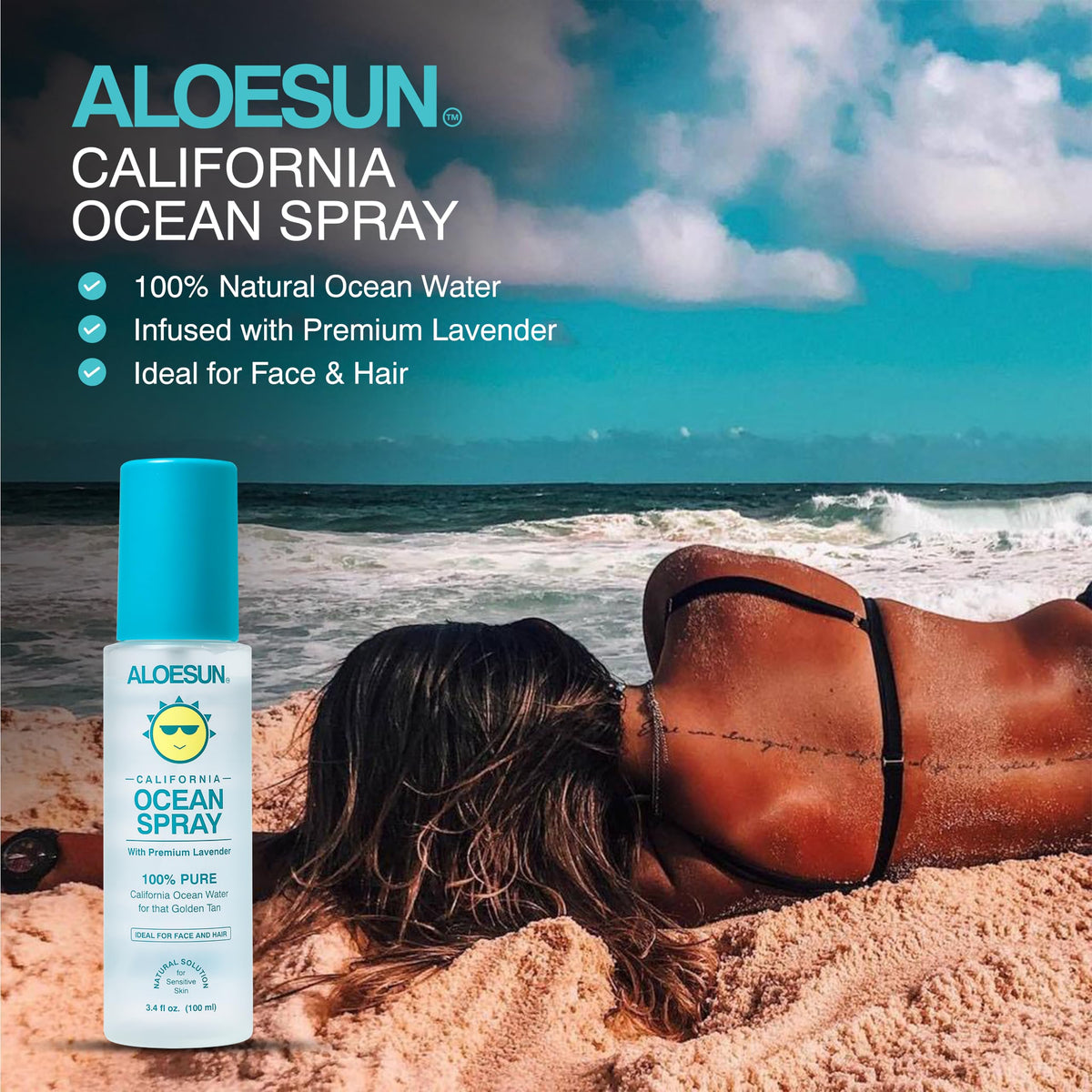 ALOESUN Ocean Spray face mist showing a refreshing spray for instant skin cooling and glow.