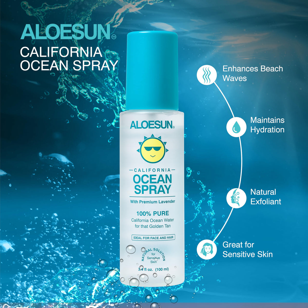 ALOESUN Ocean Spray mineral-rich water image promotes refreshed skin and hair texture.