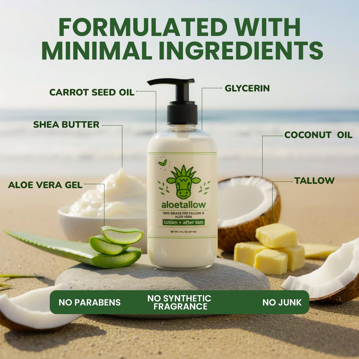 AloeTallow with shea butter and coconut oil nourishes skin.