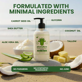 AloeTallow with shea butter and coconut oil nourishes skin.