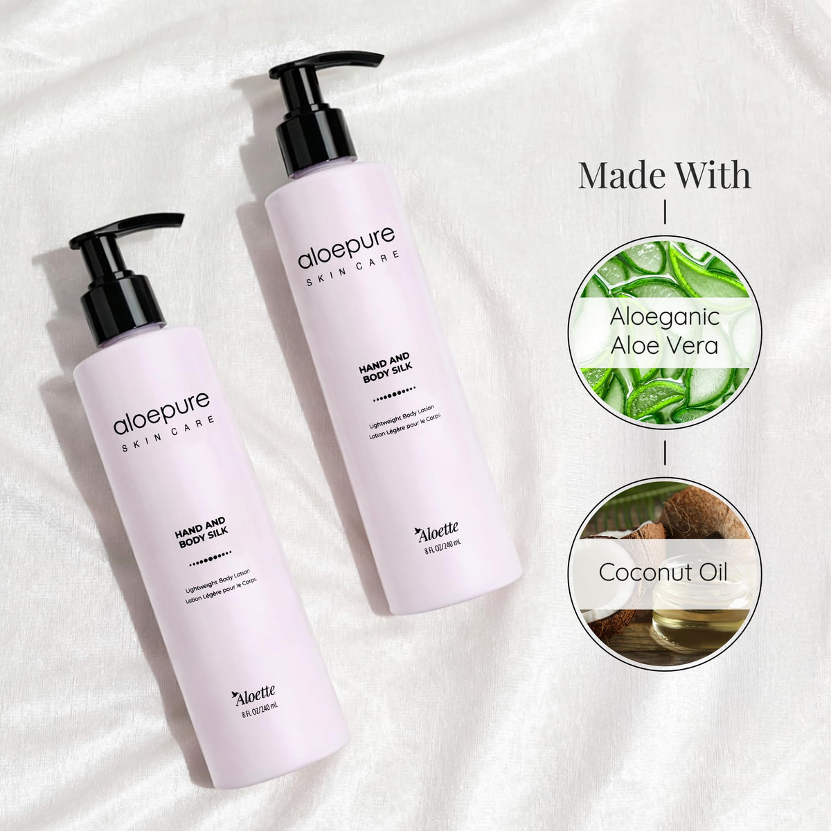 Aloette Hand and Body Silk Lotion application on arm shows quick absorption and comfort.