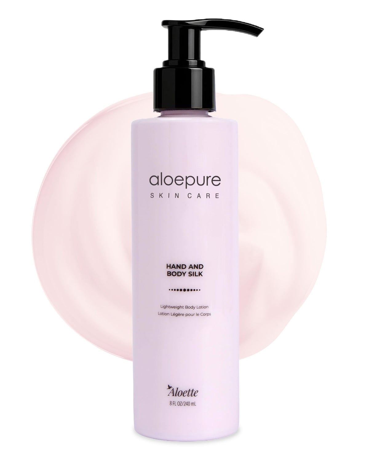 Aloette Hand and Body Silk Lotion bottle front delivers lightweight hydration for soft skin.
