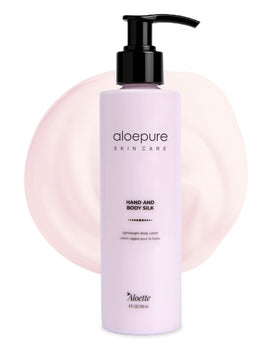 Aloette Hand and Body Silk Lotion bottle front delivers lightweight hydration for soft skin.