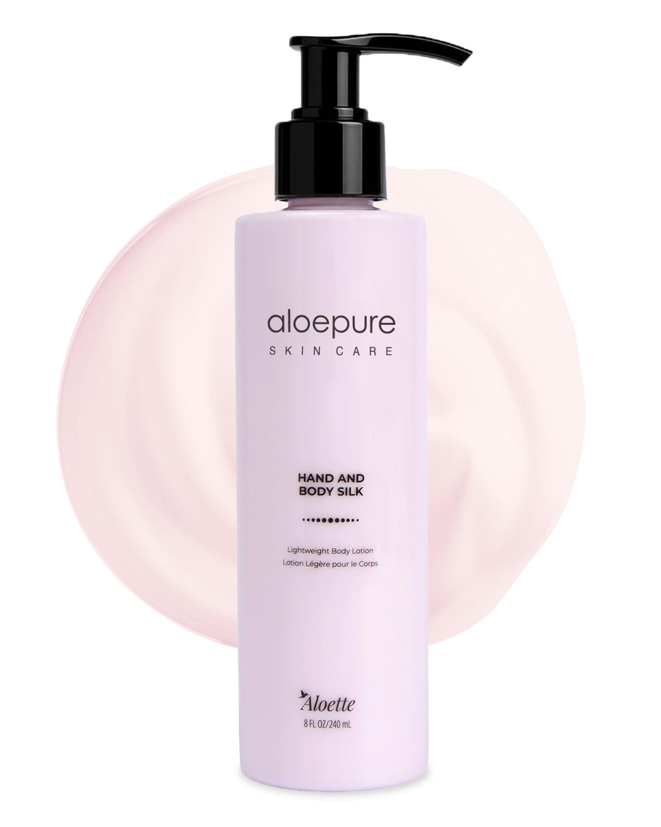 Aloette Hand and Body Silk Lotion bottle front delivers lightweight hydration for soft skin.
