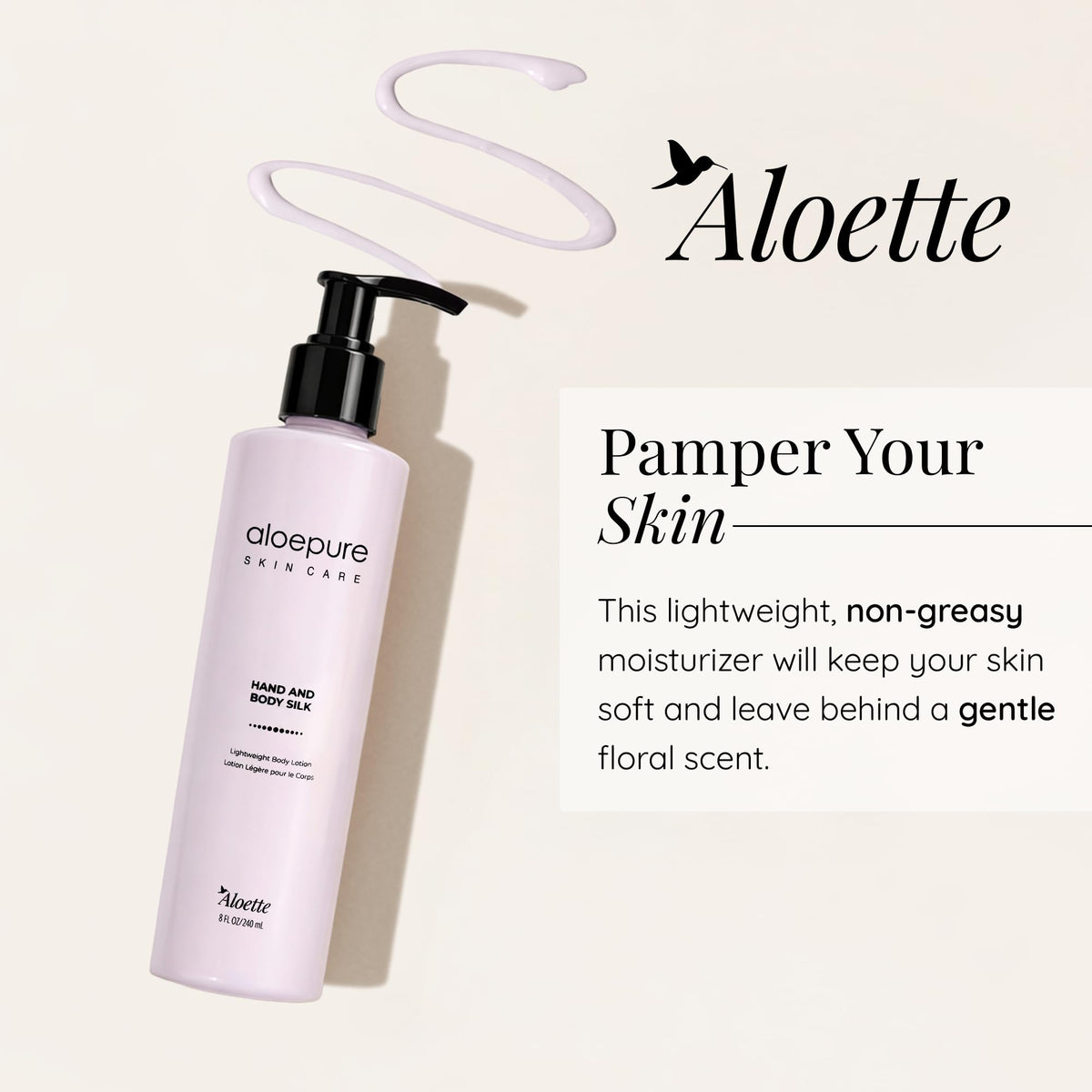 Aloette Hand and Body Silk Lotion closeup texture highlights smooth, non-greasy finish.