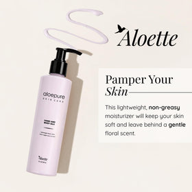 Aloette Hand and Body Silk Lotion closeup texture highlights smooth, non-greasy finish.