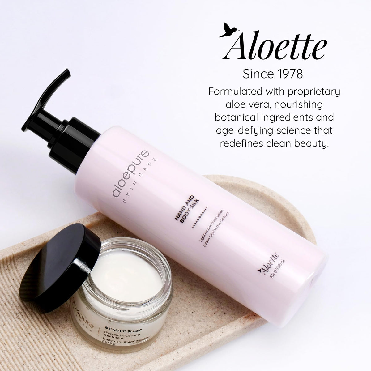 Aloette Hand and Body Silk Lotion ingredients label emphasizes aloe and coconut care.