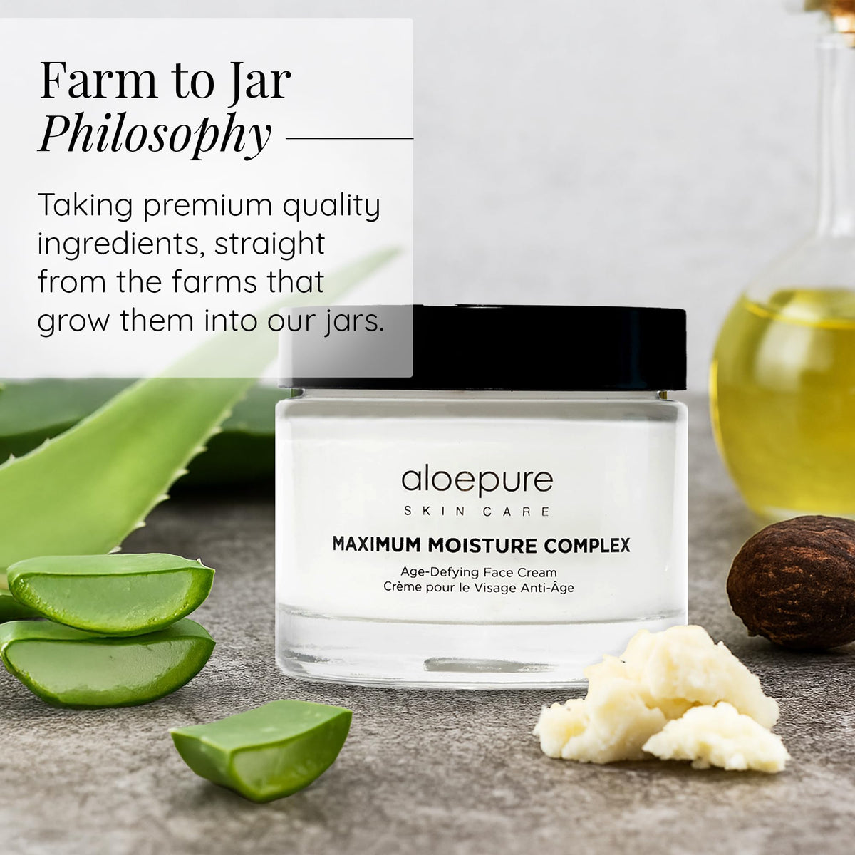 Aloette Aloe vera, shea butter and glycerin ingredients arranged for natural care.