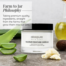 Aloette Aloe vera, shea butter and glycerin ingredients arranged for natural care.