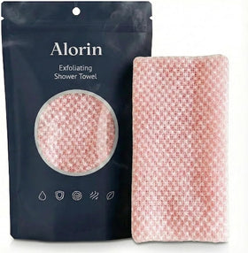 Alorin Towel exfoliating shower towel pink back reach for easy full-body exfoliation.