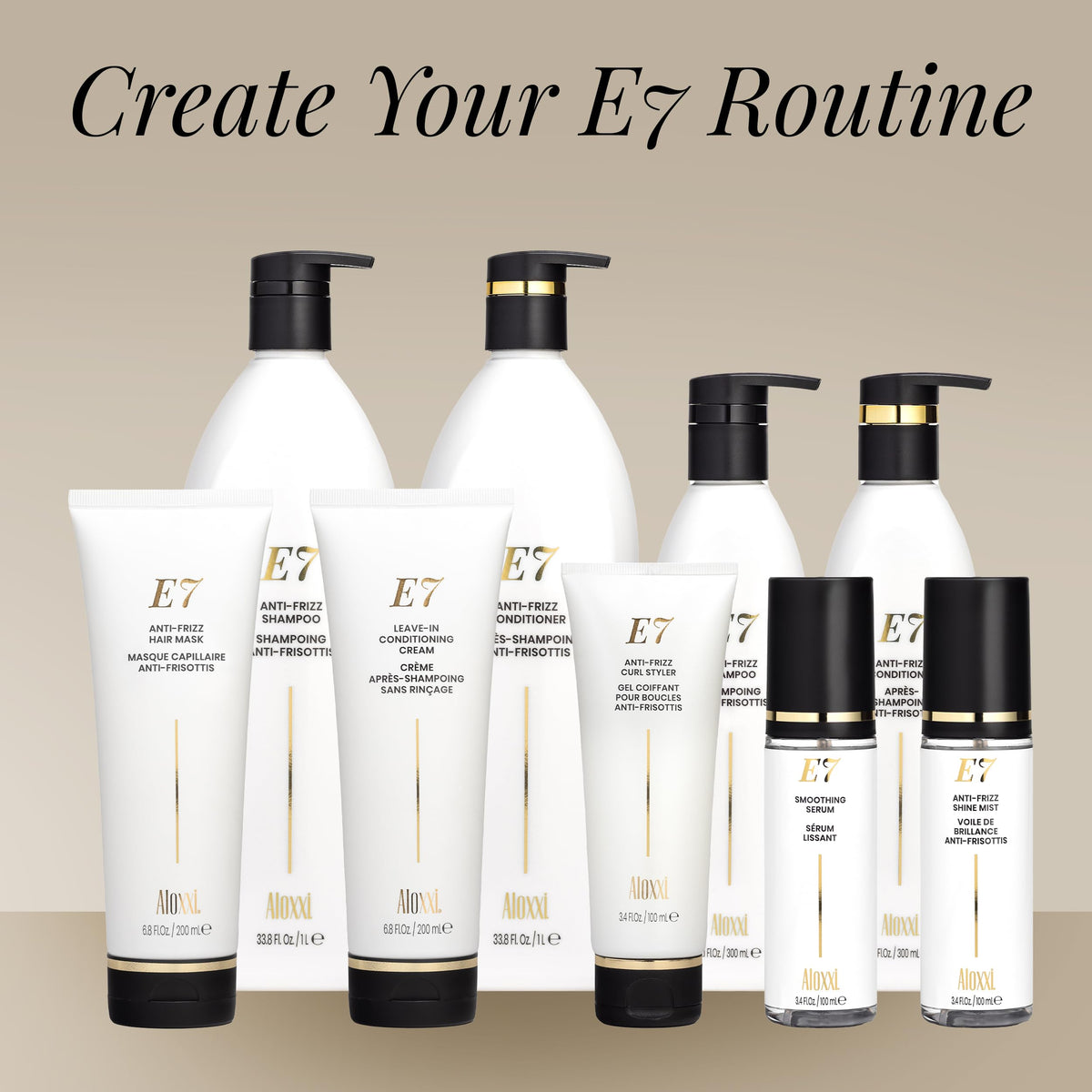 Ingredient close-up shows olive, jojoba, and grape oils in ALOXXI E7.