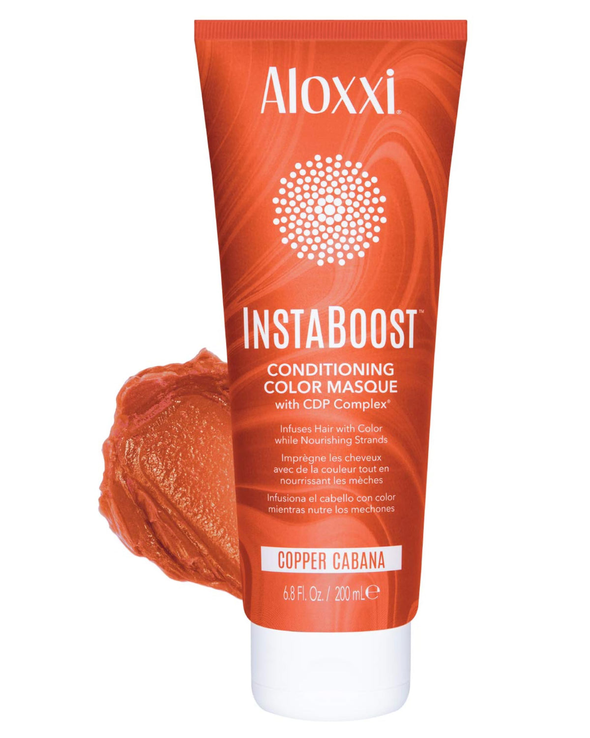 ALOXXI InstaBoost Copper Cabana color mask jar close-up showing vibrant color deposit and conditioning