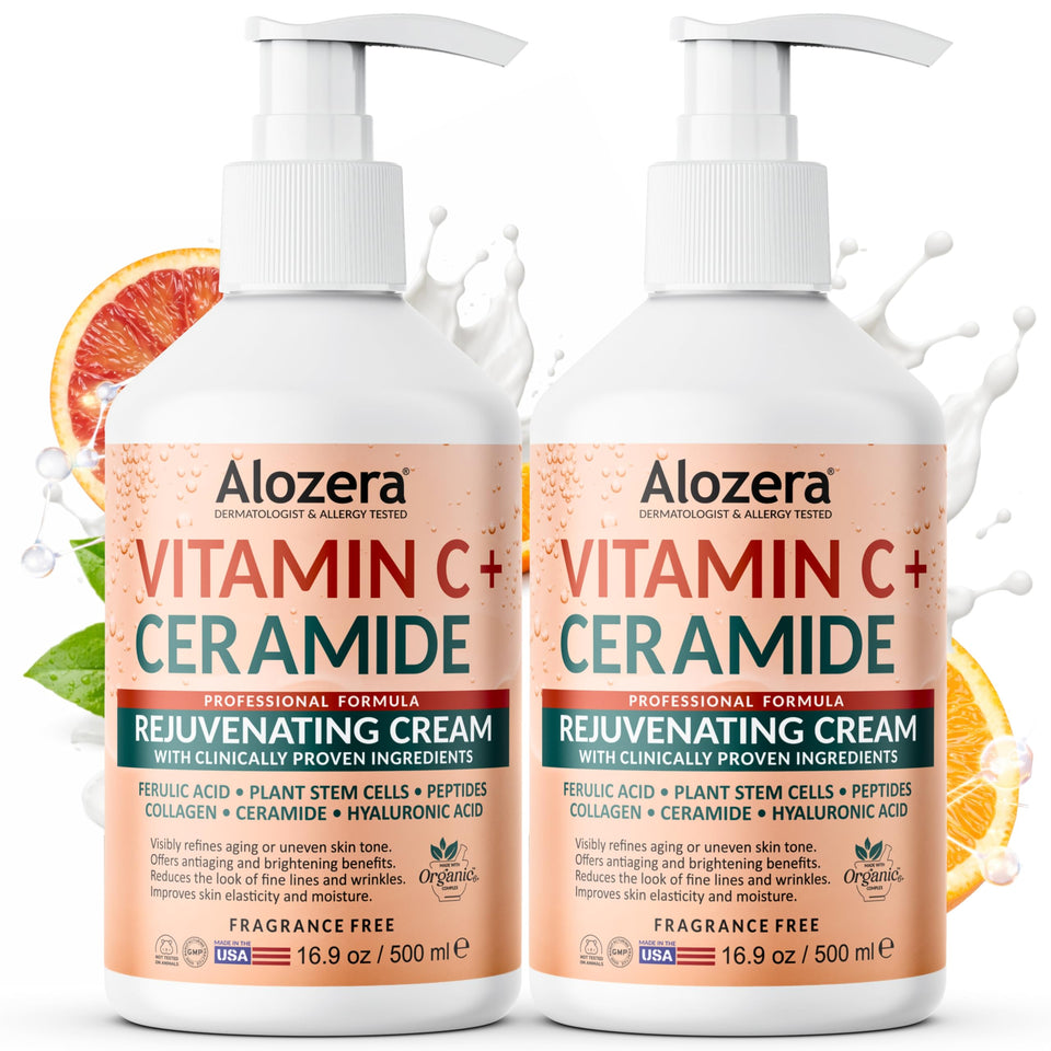 Alozera Vitamin C Ceramide Moisturizer bottle pour delivers deep hydration for dry, sensitive skin.