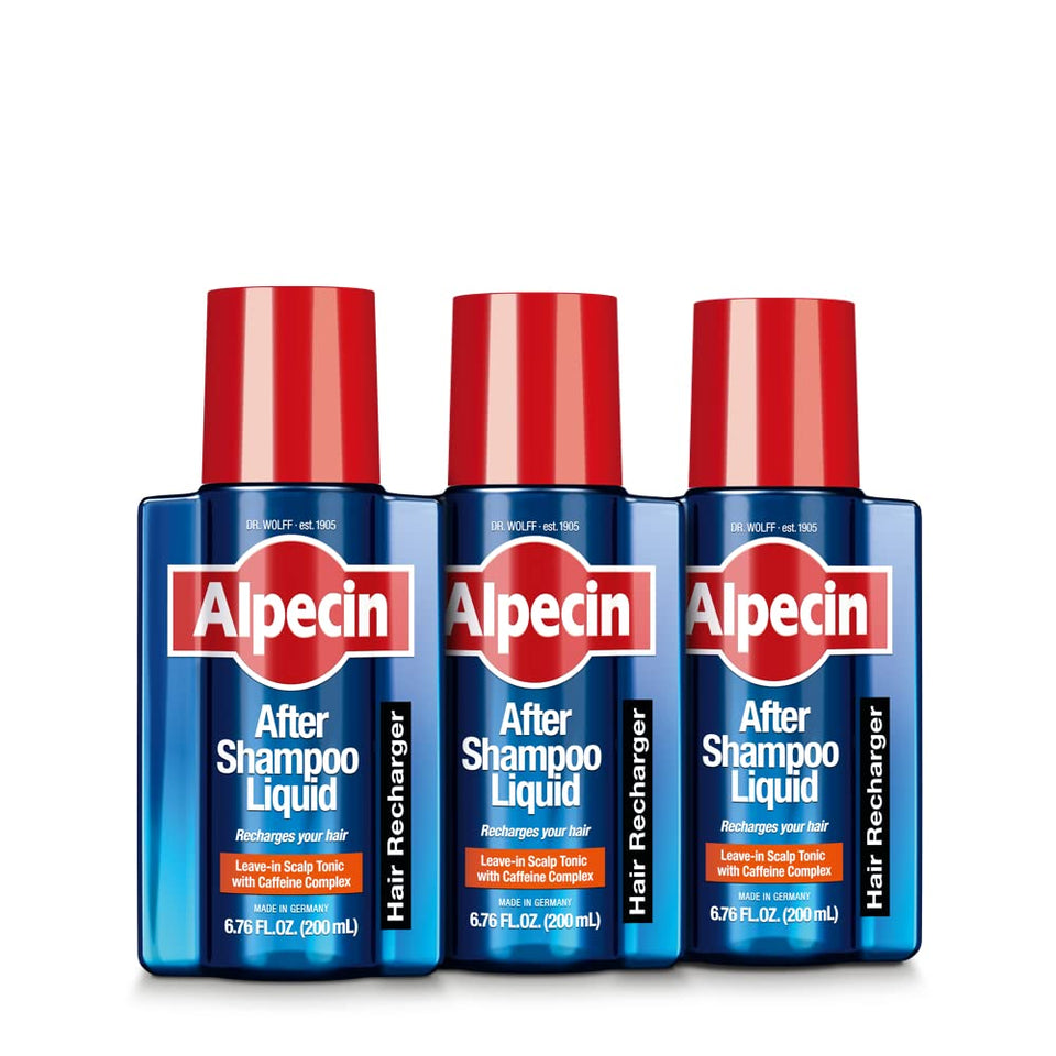Alpecin After Shampoo caffeine liquid bottle with pump supports a fuller-looking head of hair