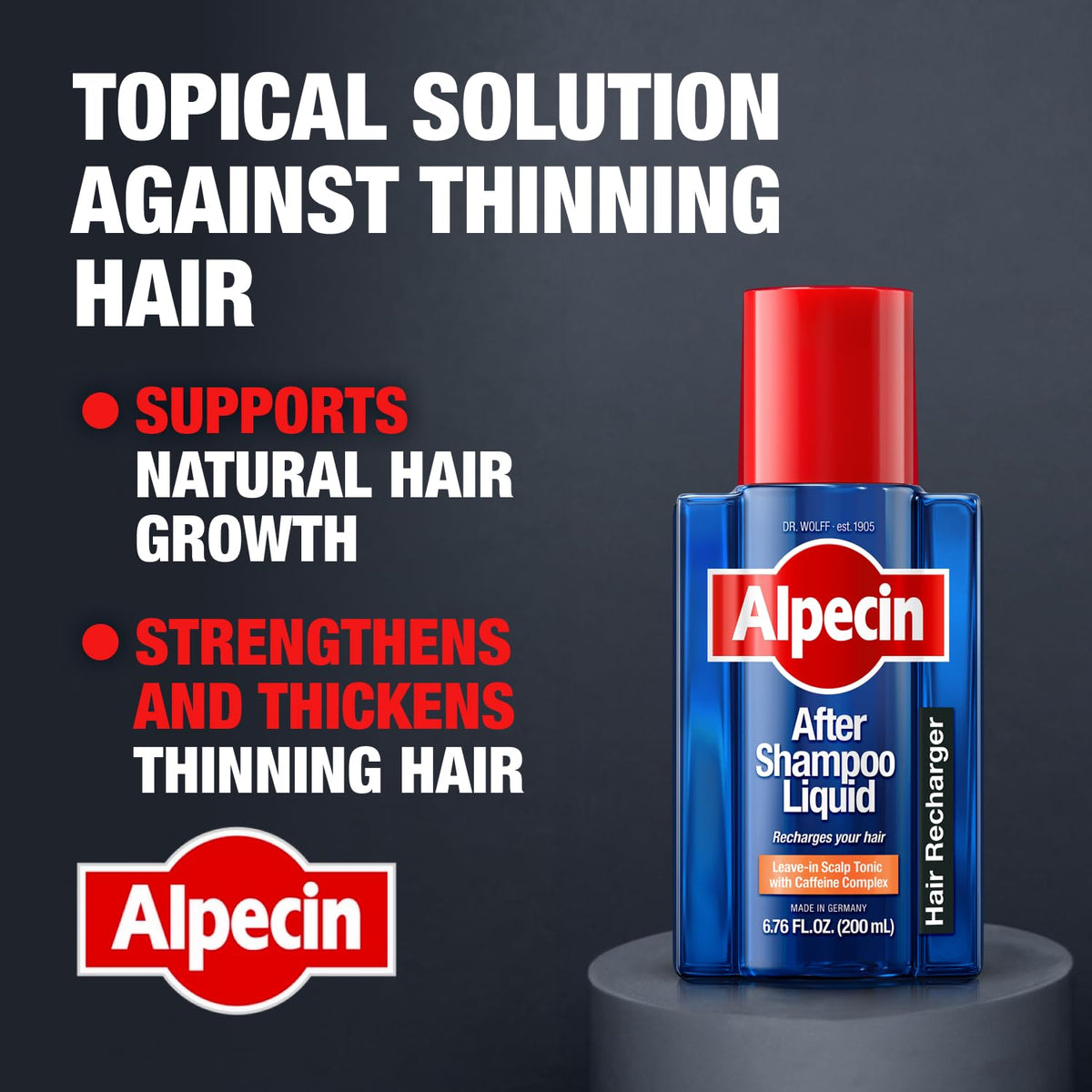 Closeup of the product label shows caffeine, zinc, and niacin for daily scalp nourishment