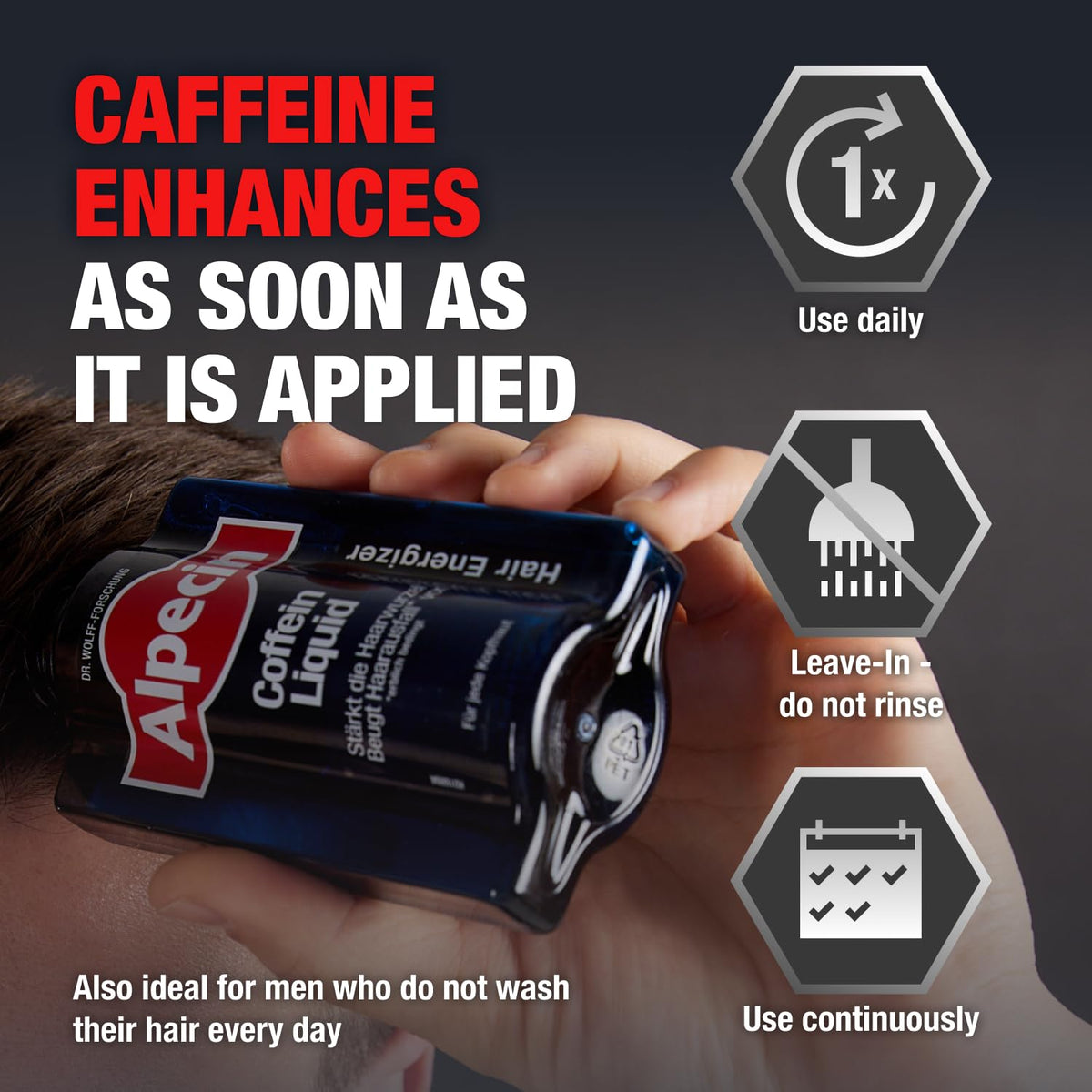 Caffeine-rich formula with castor oil energizes strands for a thicker feel