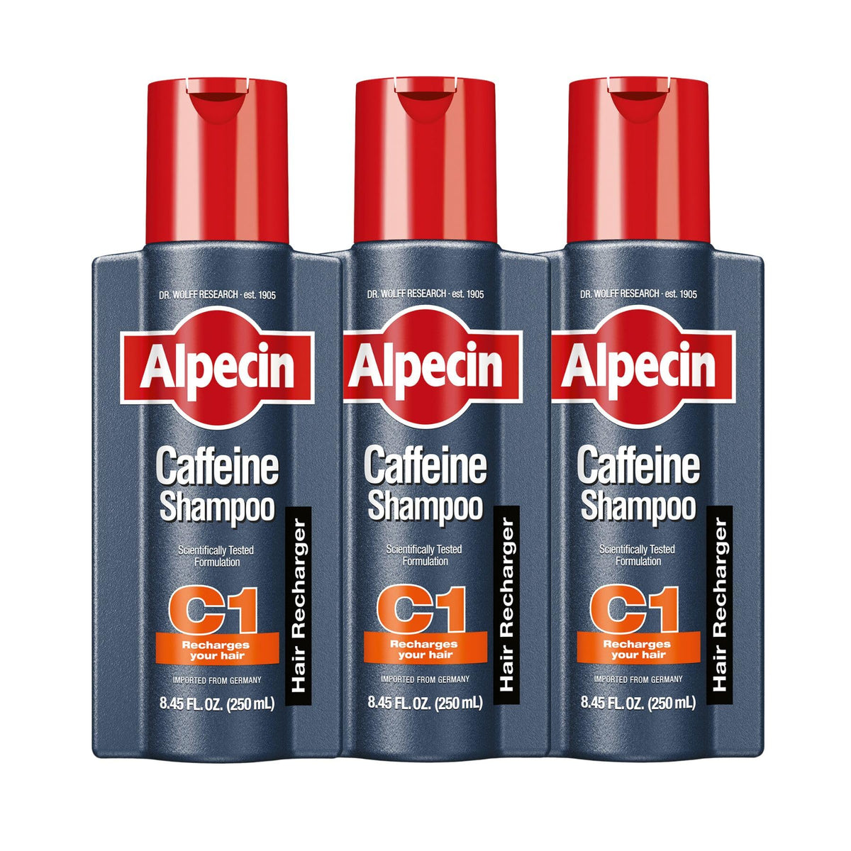 Alpecin C1 caffeine shampoo bottle close-up highlighting caffeine boost for an energized scalp.