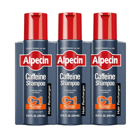 Alpecin C1 caffeine shampoo bottle close-up highlighting caffeine boost for an energized scalp.