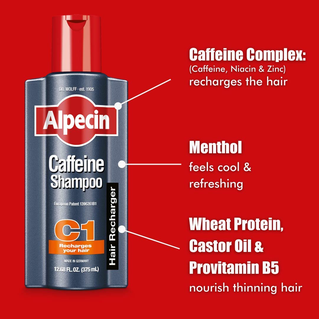 Alpecin C1 bottle with German engineering badge suggesting scientifically informed scalp care.