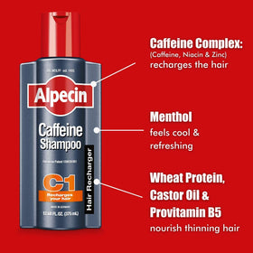 Alpecin C1 bottle with German engineering badge suggesting scientifically informed scalp care.