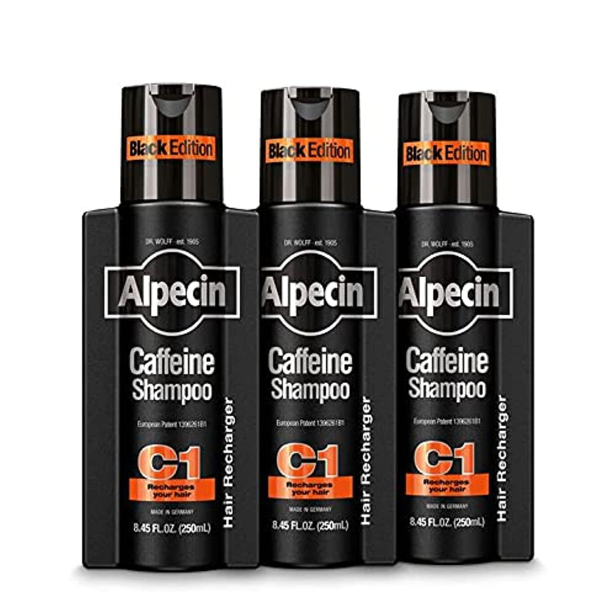 Alpecin Caffeine Shampoo C1 Black Edition bottle shown for natural hair support and energizing scalp