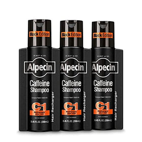 Alpecin Caffeine Shampoo C1 Black Edition bottle shown for natural hair support and energizing scalp