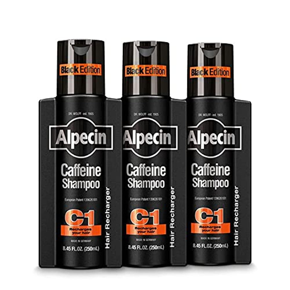 Alpecin Caffeine Shampoo C1 Black Edition bottle shown for natural hair support and energizing scalp