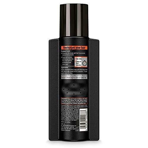 Close-up of Alpecin Caffeine Shampoo C1 Black Edition label highlighting caffeine formula for thicker-feel hair