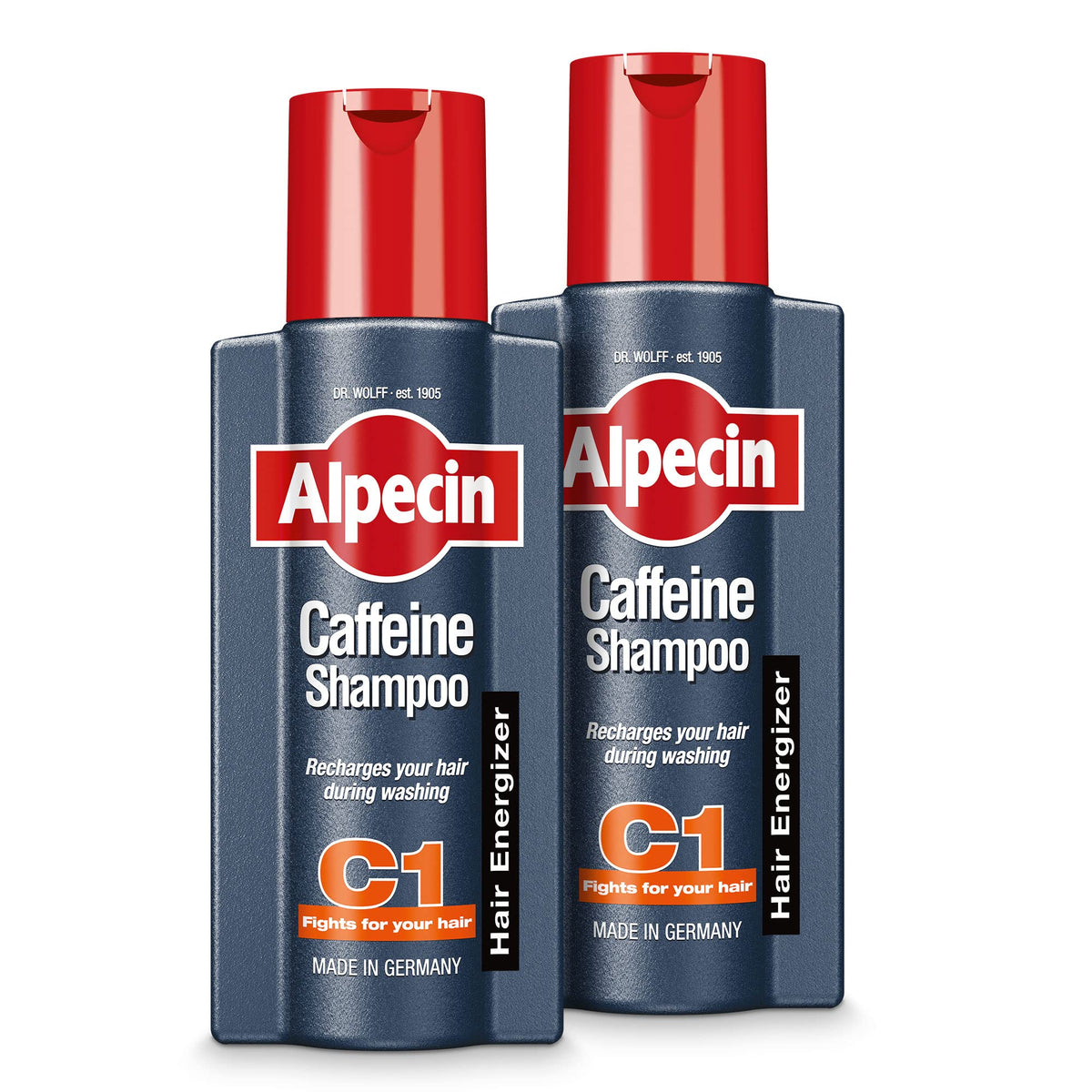 Alpecin Caffeine Shampoo C1 bottle, front view, refreshing scalp cleanse for daily use.