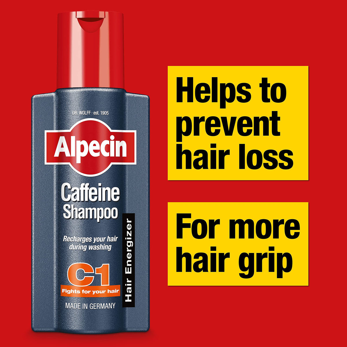 Alpecin Caffeine Shampoo C1 bottle being poured, minty tingle for refreshed scalp.