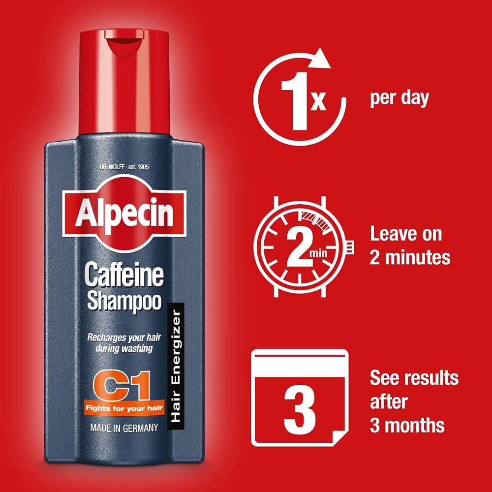 Alpecin Caffeine Shampoo C1 two-pack on shelf, convenient daily care option.