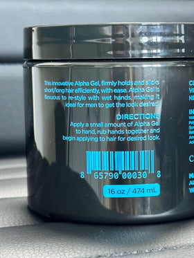 ALPHA Gel blue bottle close-up emphasizes masculine scent and finish