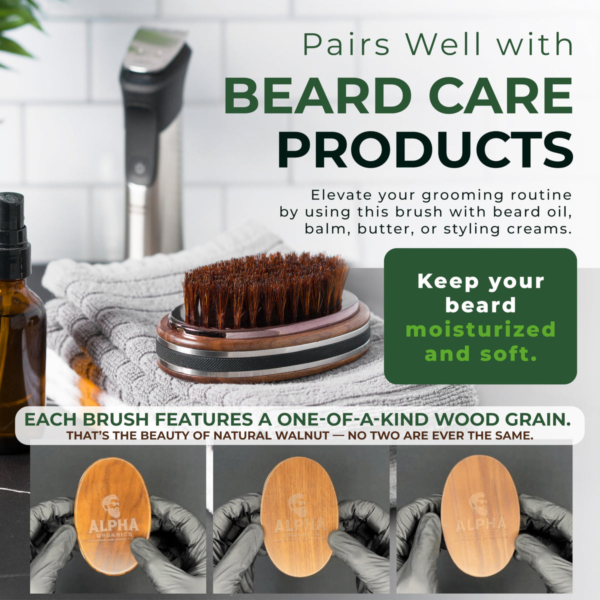 Alpha Organics boar bristles detangle and evenly distribute oils across beard hairs.