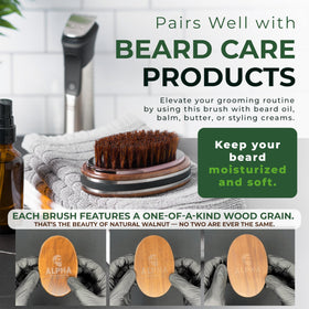 Alpha Organics boar bristles detangle and evenly distribute oils across beard hairs.