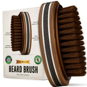 Alpha Organics premium boar bristle beard brush for detangling and oil distribution.