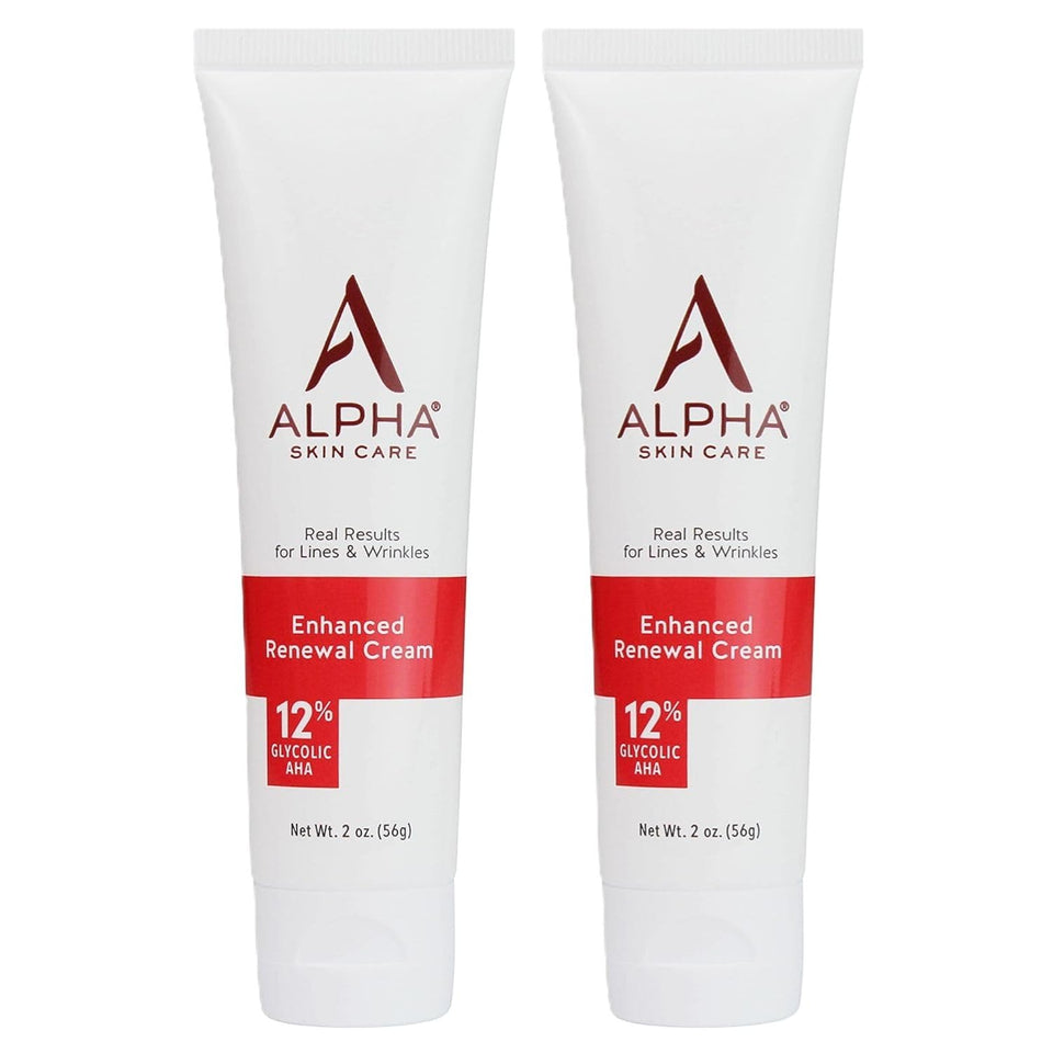 Alpha Skin Care Enhanced Renewal Cream jar front shows premium anti-aging formula for smoother skin.