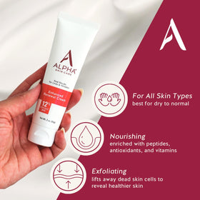 Alpha Skin Care Enhanced Renewal Cream label closeup highlights 12% glycolic AHA for brighter complexion.