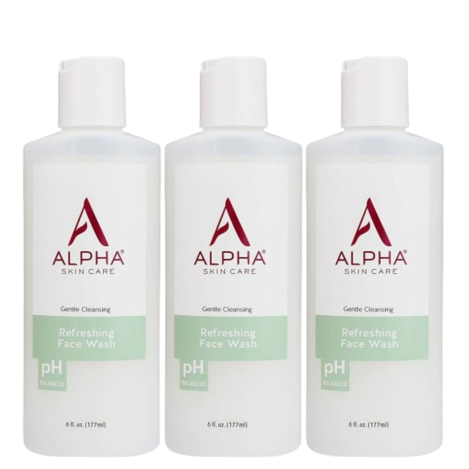 Alpha Skin Care Refreshing Face Wash bottle front promotes balanced cleansing for all skin types.