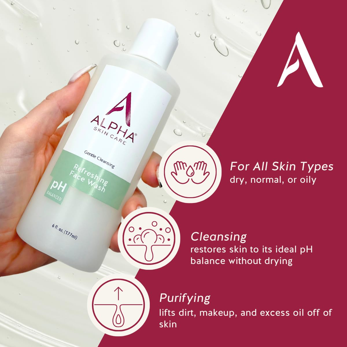 Alpha Skin Care Refreshing Face Wash bottle pour demonstrates gentle makeup and oil removal.