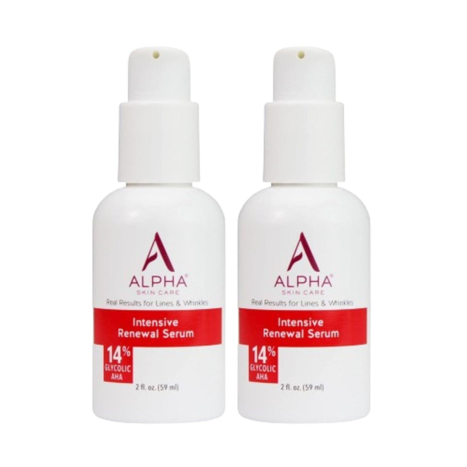 Alpha Skin Care Renewal Serum bottle close-up highlights glycolic formula for smoother, brighter skin.