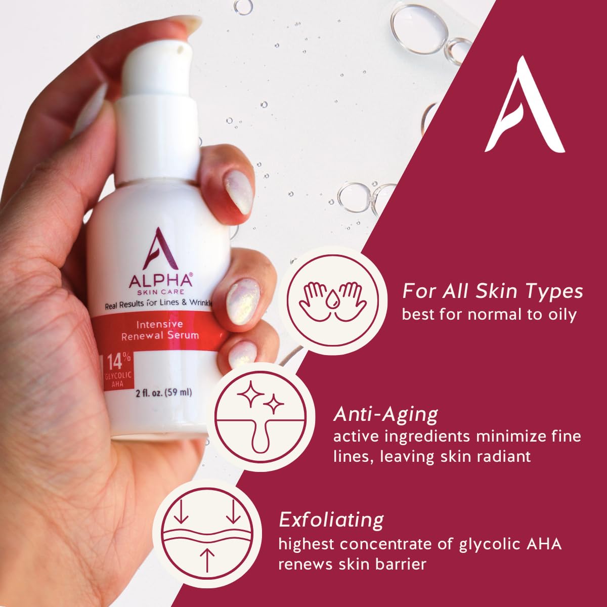 Alpha Skin Care Renewal Serum label close-up emphasizes fragrance-free, paraben-free anti-aging formula.