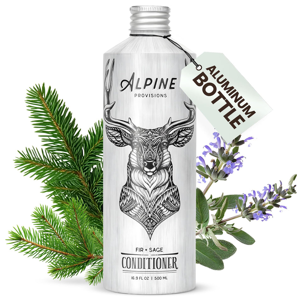 Alpine Provisions conditioner bottle with fir and sage for vibrant hair freshness